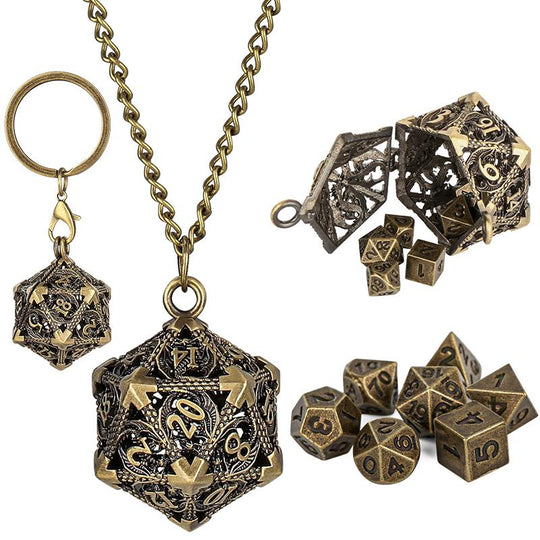 TBG: Mini Metal Dice Set with Hollow D20 Necklace Case - Antique Gold