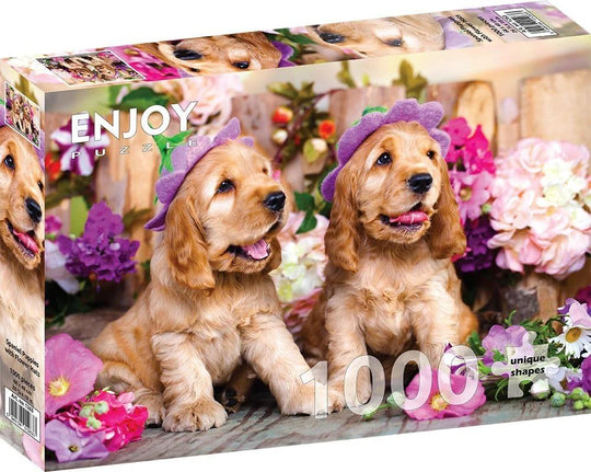 Enjoy Puzzle: Spaniel Puppies with Flower Hats (1000pc Jigsaw) Board Game