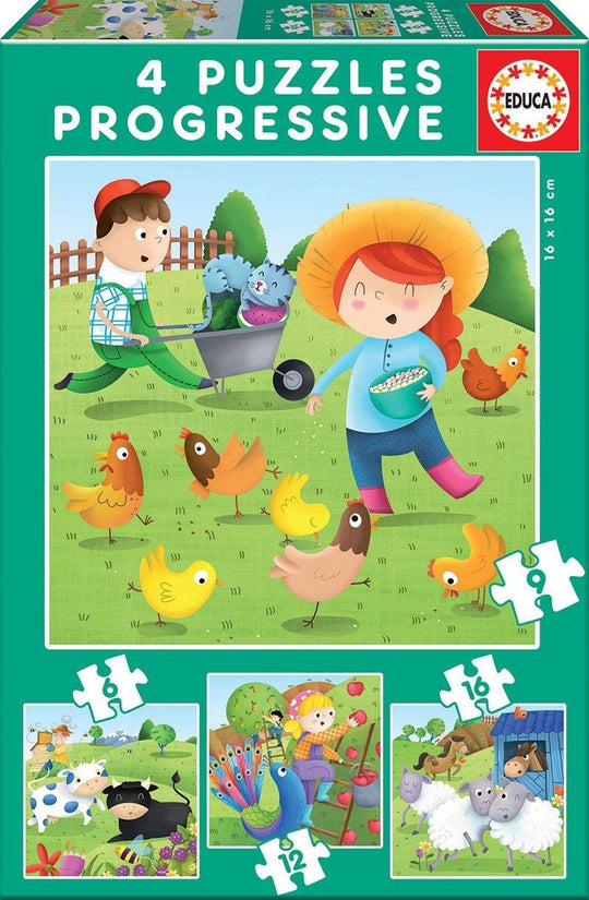 Educa: Farm Animals Progressive - Puzzles (6, 9, 12, 16pc Jigsaws) Board Game