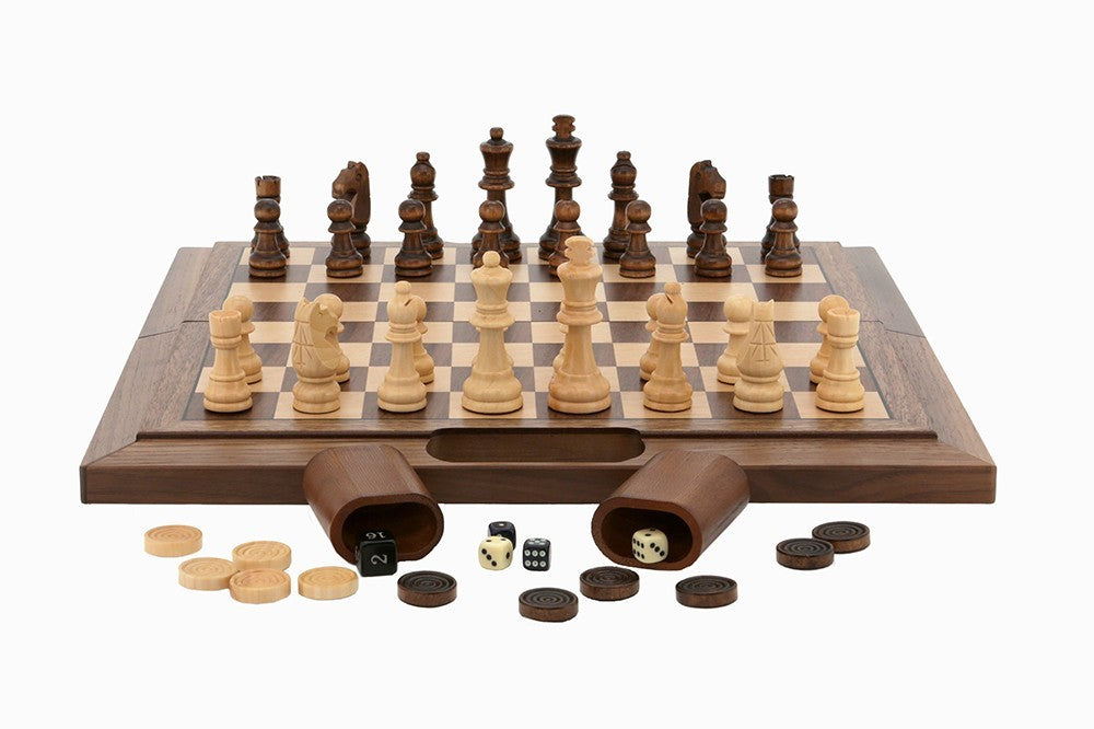 Dal Rossi Walnut 3 in 1 Chess, Checkers & Backgammon Set (40cm) Board Game