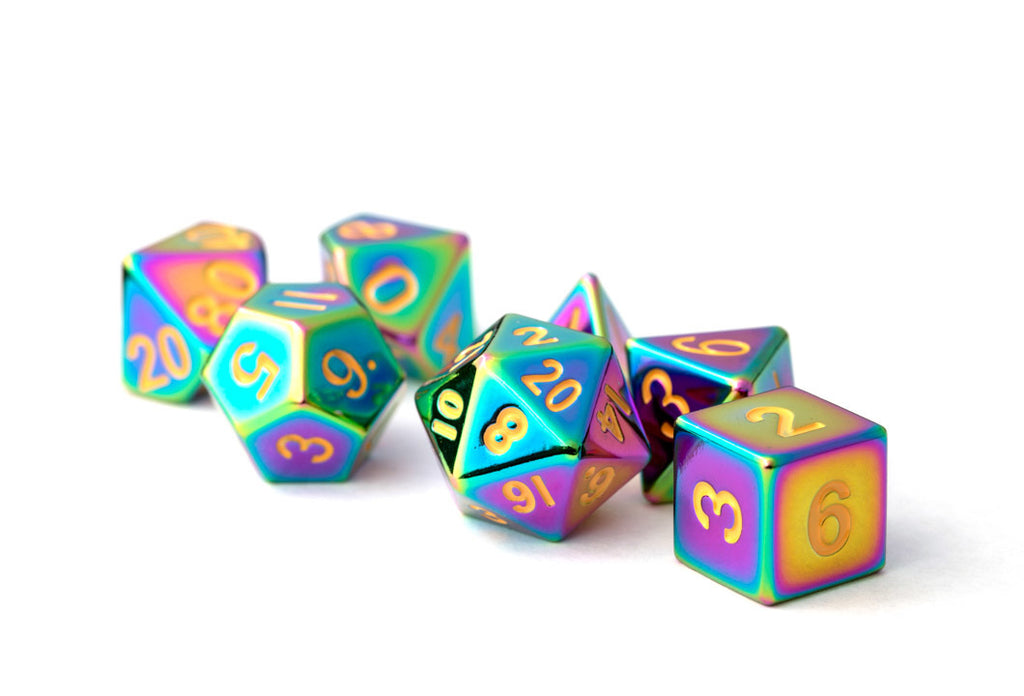 MDG: Metal Dice - Torched Rainbow with Gold Numbers 16mm Poly Set