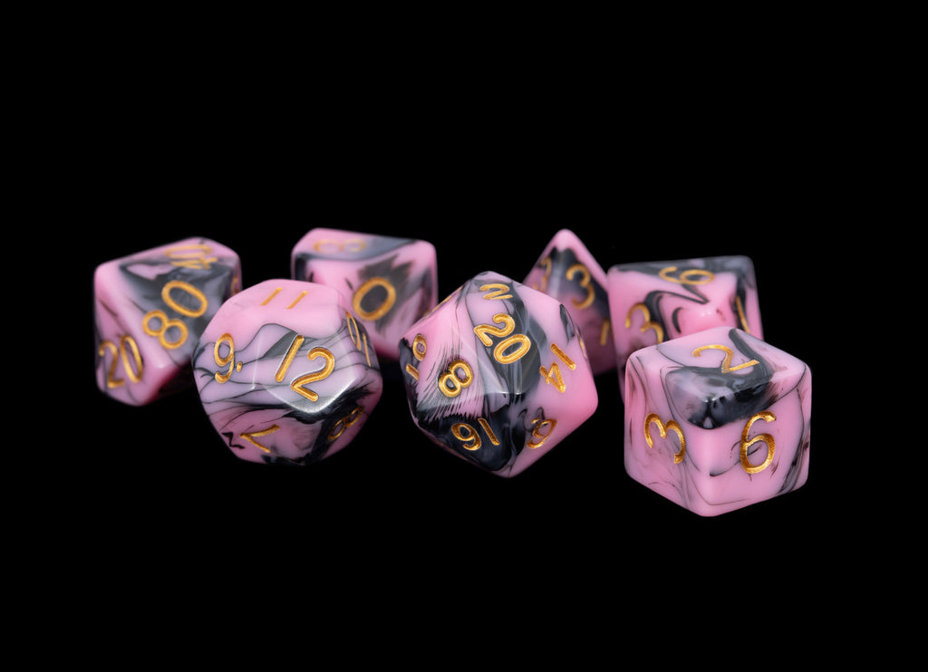 MDG: Acrylic Dice - Pink/Black w/ Gold Numbers Poly Set