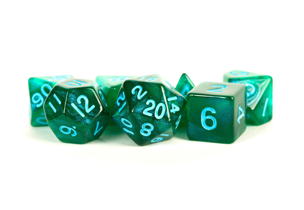 MDG: Acrylic Dice - Stardust Green w/ Blue Numbers