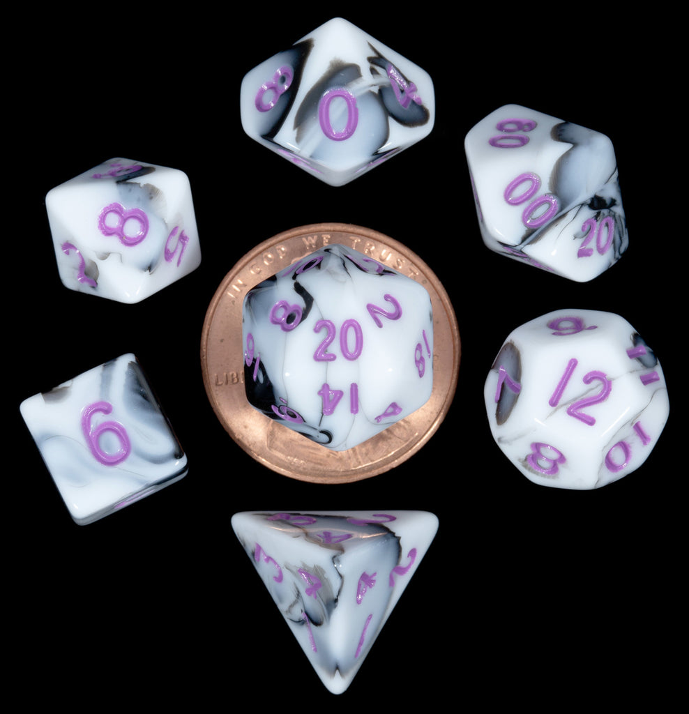 MDG: Mini Polyhedral Dice Set - Marble with Purple Numbers