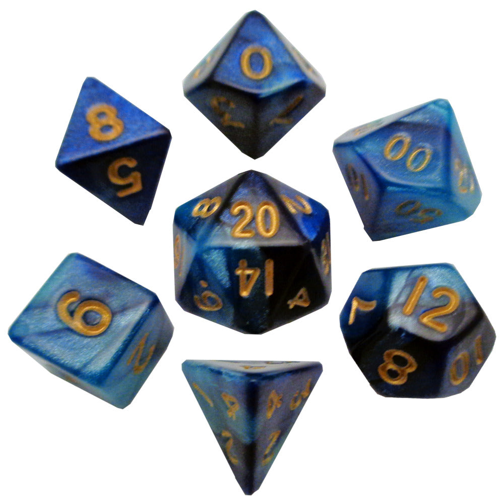 MDG: Mini Polyhedral Dice Set - Blue/Light Blue w/ Gold Numbers