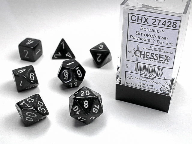 Chessex: Borealis Smoke w/silver Signature Polyhedral 7-Die Set