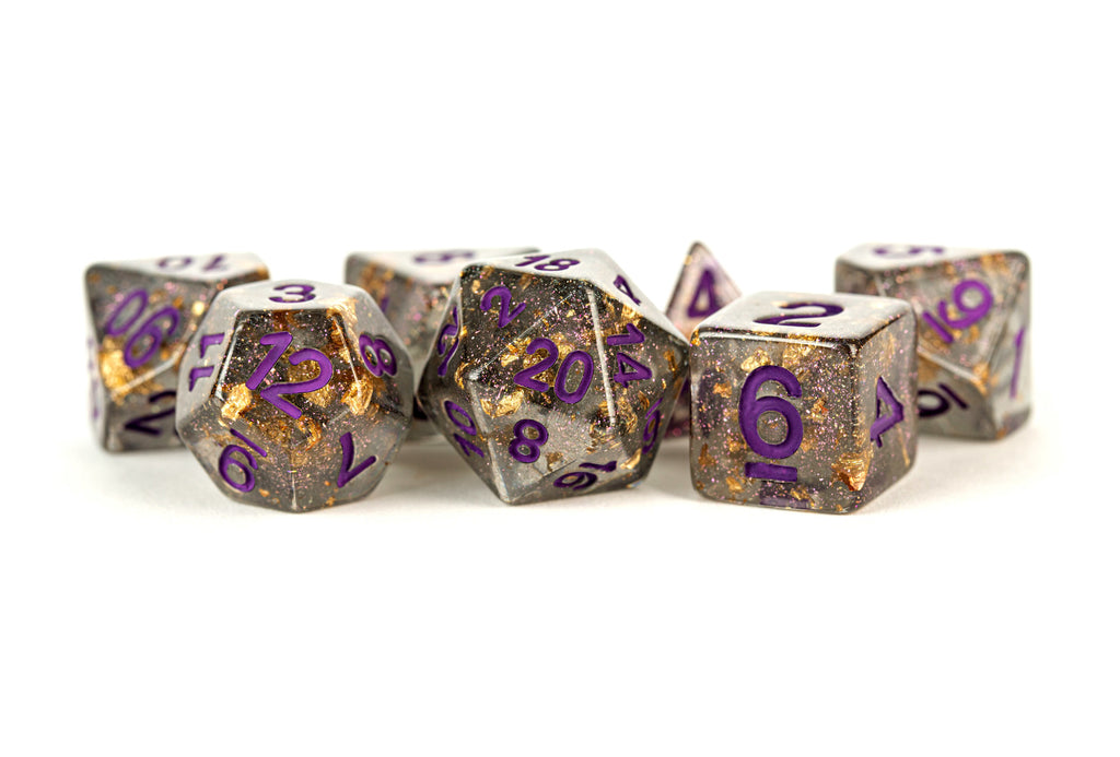 MDG: Resin Polyhedral Dice Set - Gray w/ Gold Foil, Purple Numbers