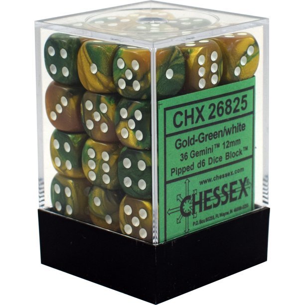 Chessex: Gold-Green/White Gemini 12mm d6 Block