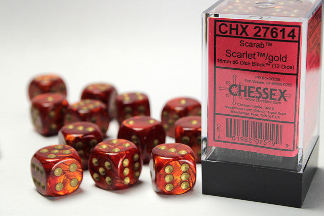 Chessex: Scarab 16mm D6 Block - Scarlet/Gold