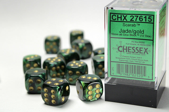 Chessex: Scarab 16mm D6 Block - Jade/Gold