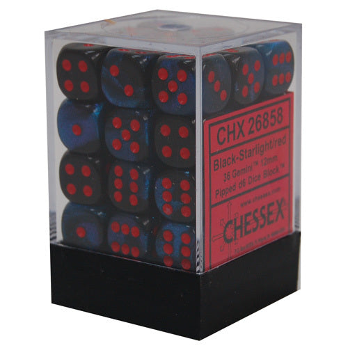 Chessex Dice Sets: Gemini # 7 12mm d6 Black Starlight/red (36)