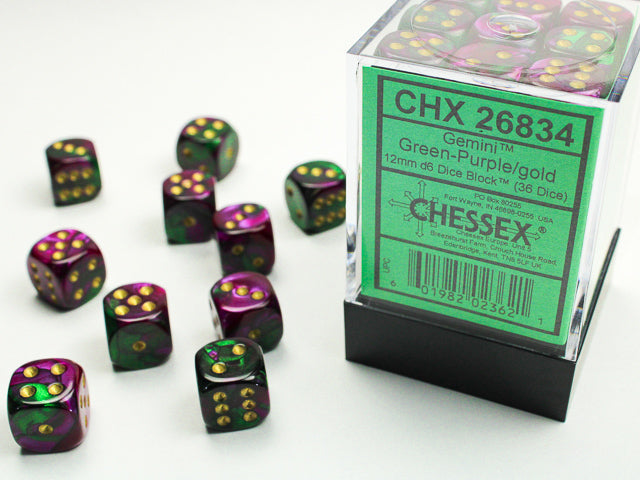 Chessex Dice Sets: Green-Purple/Gold Gemini 12mm d6 (36)