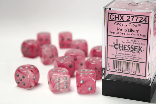 Chessex: Ghostly Glow 16mm D6 Block - Pink & Silver (12 Dice)