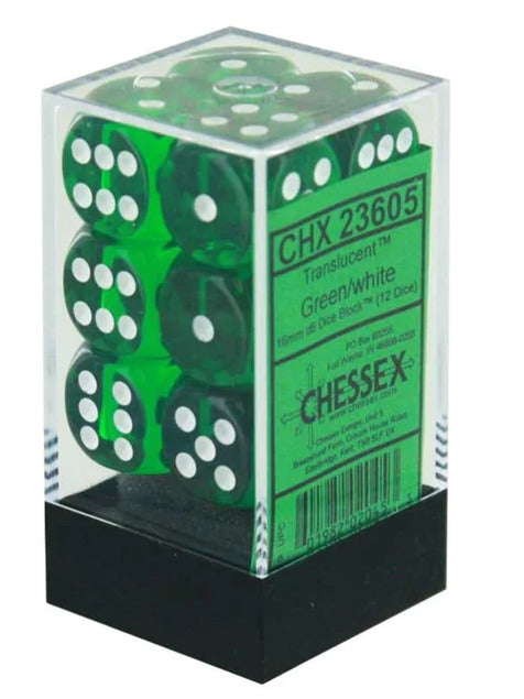 Chessex: Translucent Green/White - 16mm D6 (12)