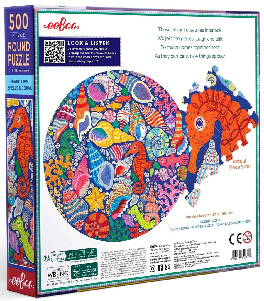 eeBoo: Seahorses, Shells & Coral 500 - Round Puzzle (500pc Jigsaw) Board Game