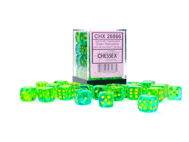 Chessex: Gemini Translucent Green-Teal/Yellow 36 Dice Set