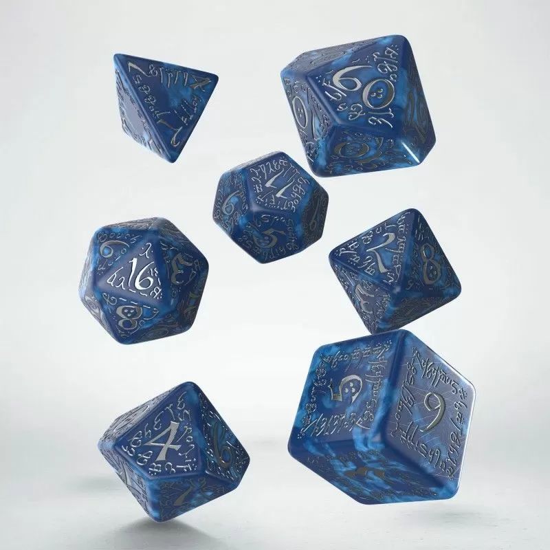 Q Workshop Elvish Dice Set: 7 Dice Set - Cobalt & Silver