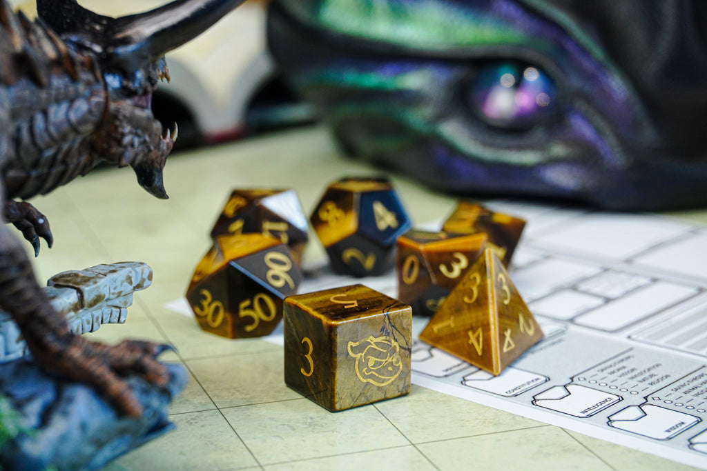 Dudley's Hoard - Arcane Yellow Tiger Eye Gemstone Dice Set