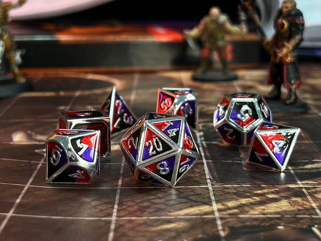 Dudley's Armoury - Tri Colour Jester Pandemonium Metal Dice Set