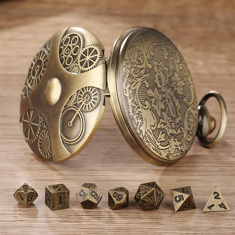 Bronze Steampunk Pocket Watch Dice Case with Mini Metal Dice