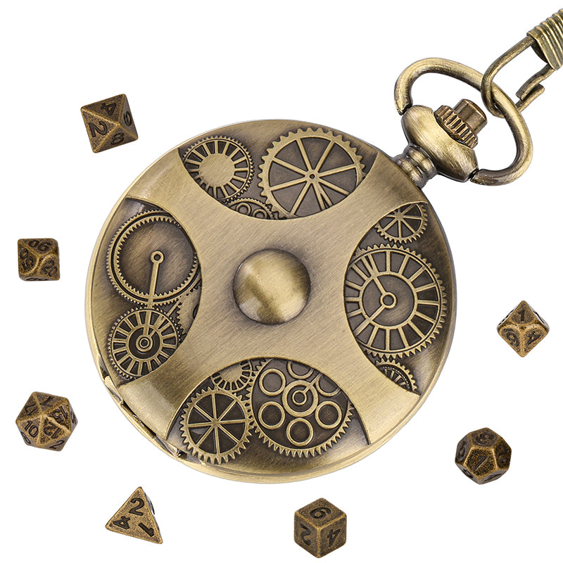 Bronze Steampunk Pocket Watch Dice Case with Mini Metal Dice