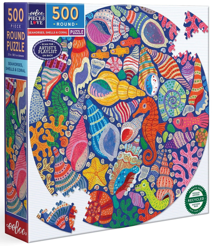 eeBoo: Seahorses, Shells & Coral 500 - Round Puzzle (500pc Jigsaw) Board Game