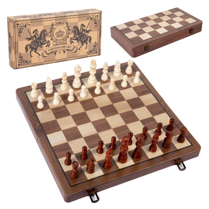 2 in 1 Magnetic Wooden Chess and Checkers Set - Portable Game Board with Magnetic Pieces