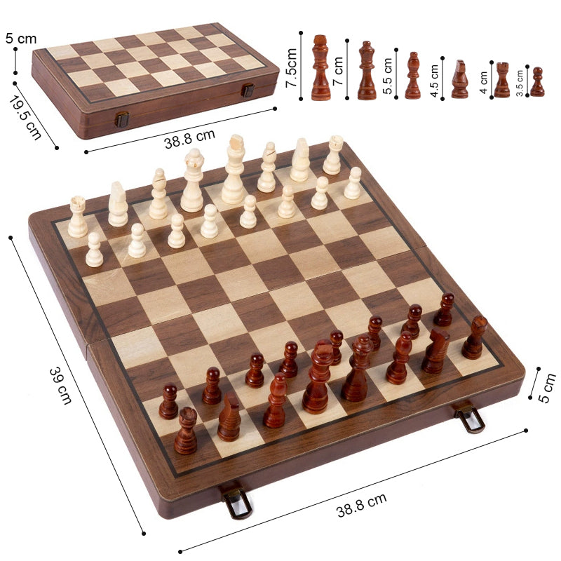 2 in 1 Magnetic Wooden Chess and Checkers Set - Portable Game Board with Magnetic Pieces