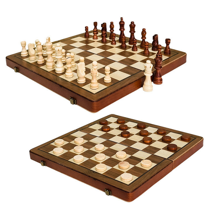 2 in 1 Magnetic Wooden Chess and Checkers Set - Portable Game Board with Magnetic Pieces