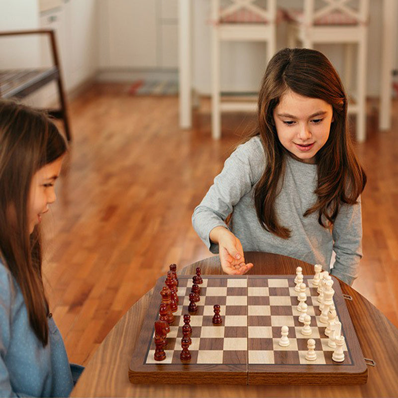 2 in 1 Magnetic Wooden Chess and Checkers Set - Portable Game Board with Magnetic Pieces