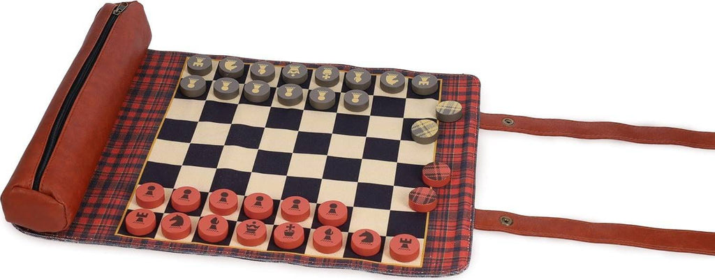 Pendleton: Red Black Check Pattern Chess & Checkers - Travel Ready Roll-Up Edition Board Game