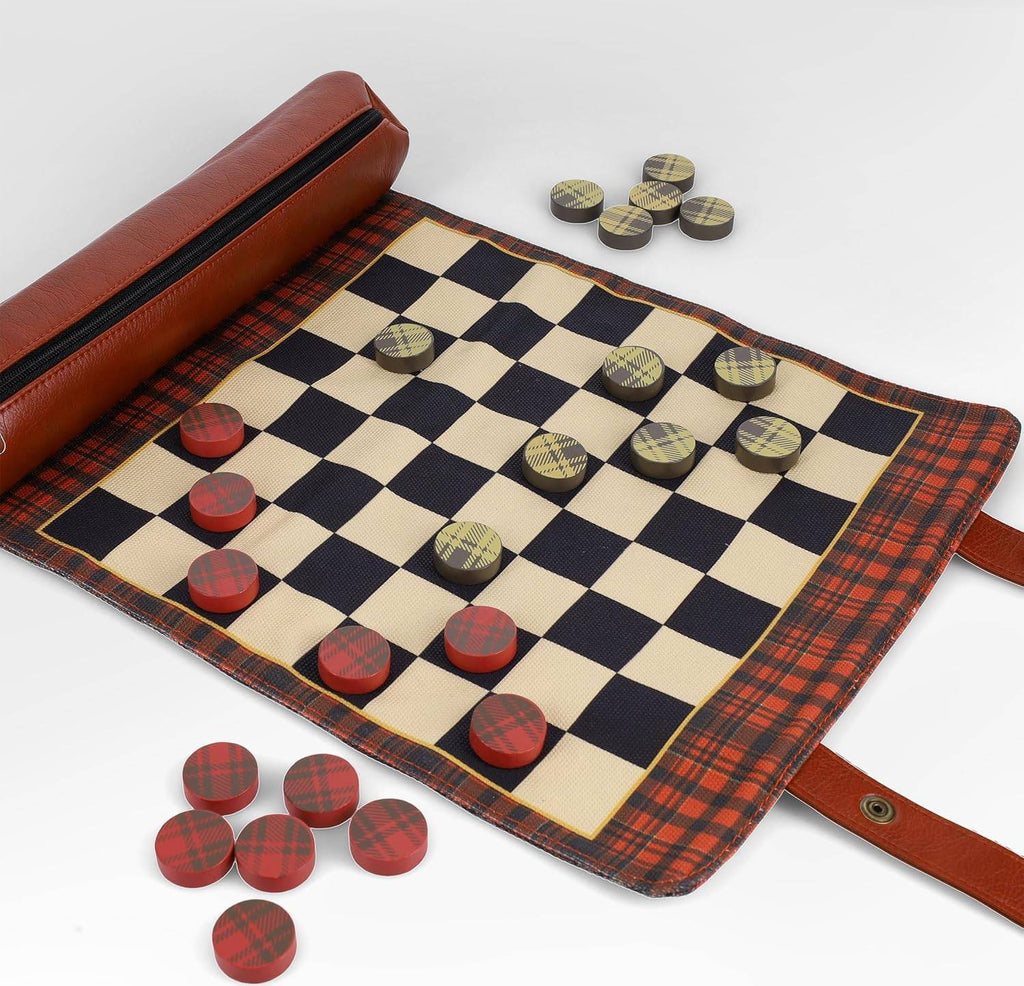 Pendleton: Red Black Check Pattern Chess & Checkers - Travel Ready Roll-Up Edition Board Game