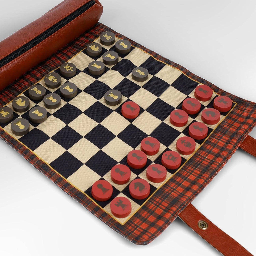 Pendleton: Red Black Check Pattern Chess & Checkers - Travel Ready Roll-Up Edition Board Game