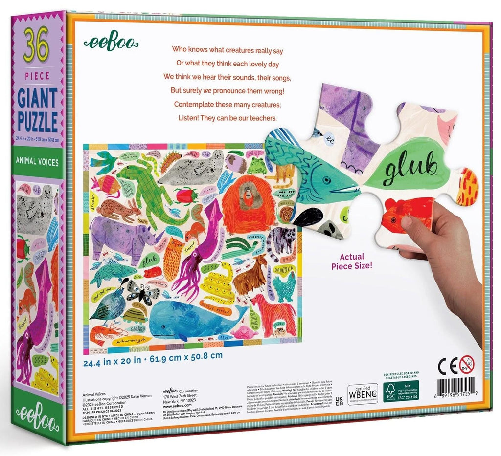 eeBoo: Giant Animal Voices - Puzzle (36pc Jigsaw) Board Game