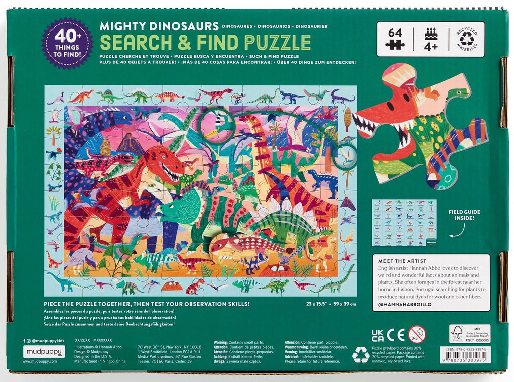 Mudpuppy: Mighty Dinosaurs - 64 Piece search and find Puzzle Board Game